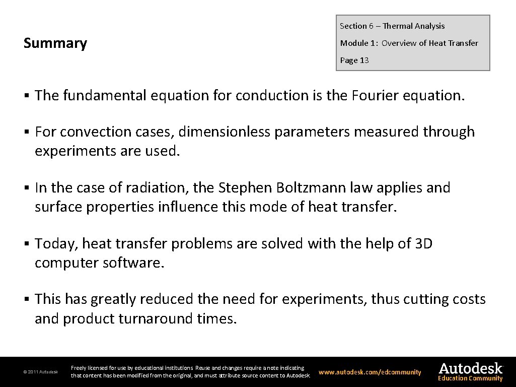 Section 6 – Thermal Analysis Summary Module 1: Overview of Heat Transfer Page 13