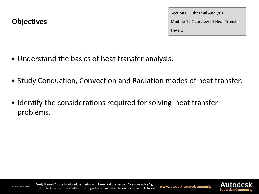 Section 6 – Thermal Analysis Objectives Module 1: Overview of Heat Transfer Page 2