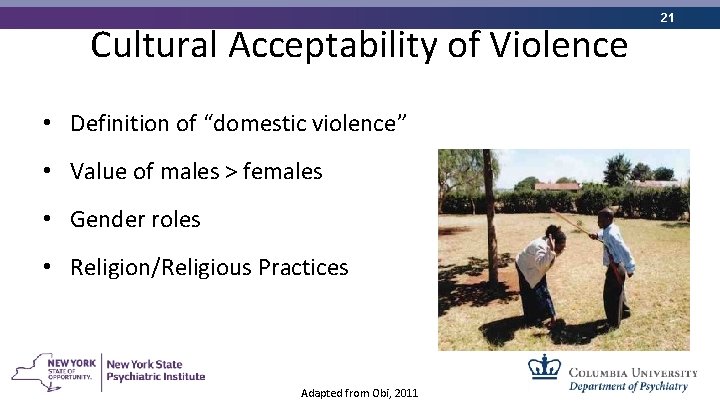 Cultural Acceptability of Violence • Definition of “domestic violence” • Value of males >