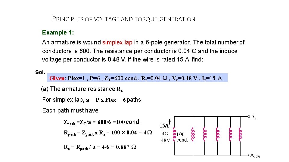 PRINCIPLES OF VOLTAGE AND TORQUE GENERATION Example 1: An armature is wound simplex lap