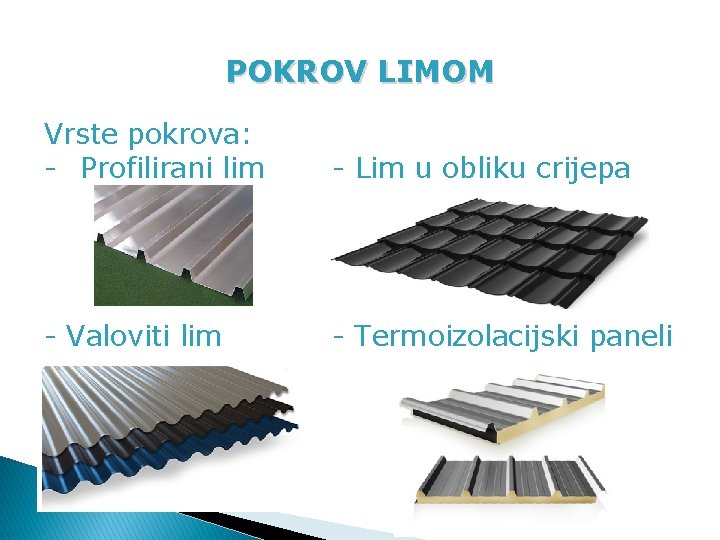 POKROV LIMOM Vrste pokrova: - Profilirani lim - Lim u obliku crijepa - Valoviti