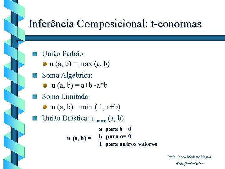 Inferência Composicional: t-conormas União Padrão: u (a, b) = max (a, b) Soma Algébrica: