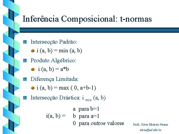 Inferência Composicional: t-normas Intersecção Padrão: i (a, b) = min (a, b) Produto Algébrico: