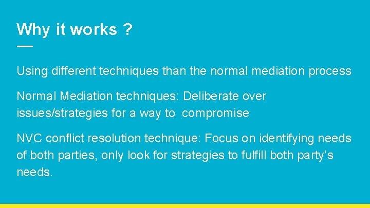 Why it works ? Using different techniques than the normal mediation process Normal Mediation Why it works ? Using different techniques than the normal mediation process Normal Mediation