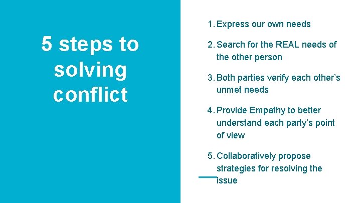 1. Express our own needs 5 steps to solving conflict 2. Search for the 1. Express our own needs 5 steps to solving conflict 2. Search for the