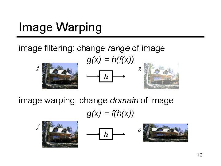 Image Warping image filtering: change range of image g(x) = h(f(x)) f g h
