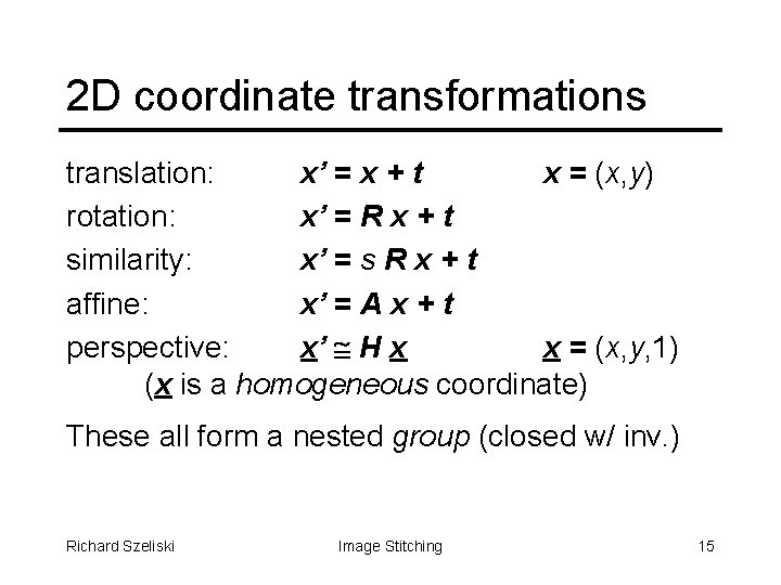 2 D coordinate transformations translation: x’ = x + t x = (x, y)