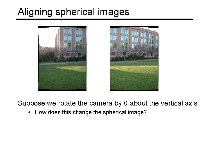 Aligning spherical images Suppose we rotate the camera by θ about the vertical axis