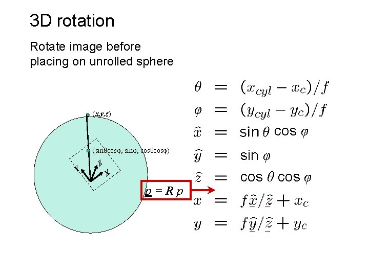 3 D rotation Rotate image before placing on unrolled sphere φ (x, y, z)