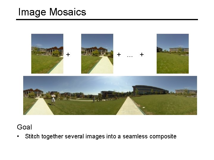 Image Mosaics + + … + = Goal • Stitch together several images into