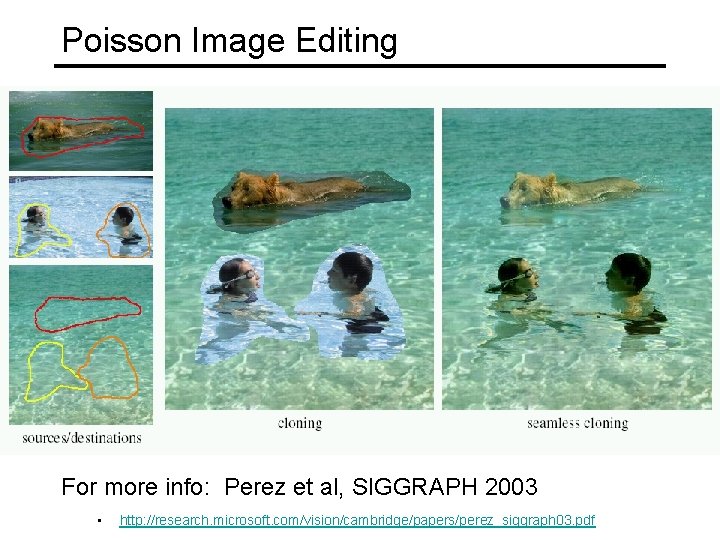 Poisson Image Editing For more info: Perez et al, SIGGRAPH 2003 • http: //research.