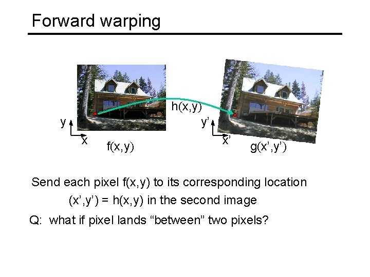 Forward warping h(x, y) y’ y x f(x, y) x’ g(x’, y’) Send each