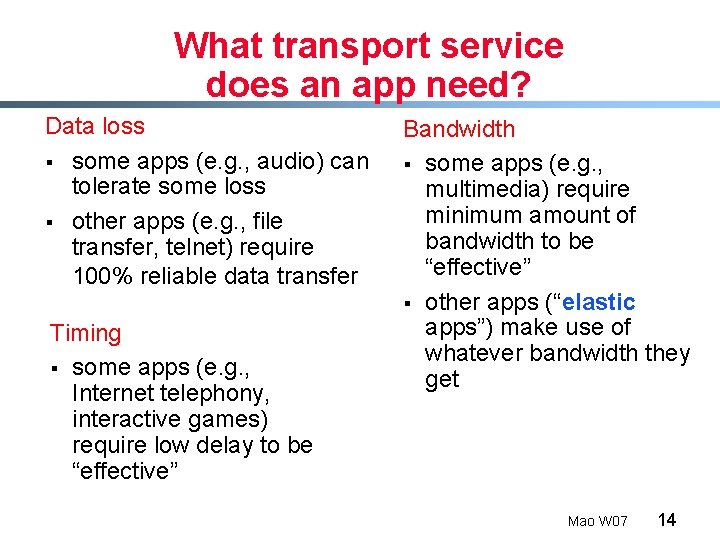 What transport service does an app need? Data loss § some apps (e. g.