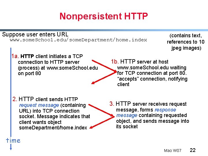 Nonpersistent HTTP Suppose user enters URL www. some. School. edu/some. Department/home. index 1 a.