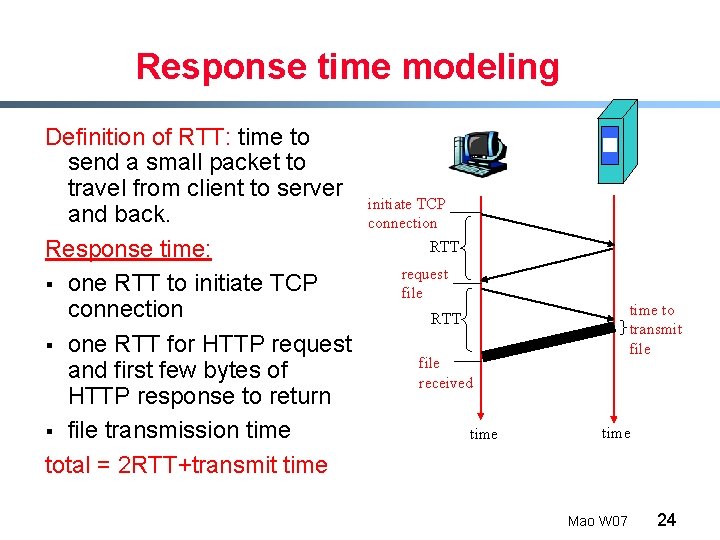 Response time modeling Definition of RTT: time to send a small packet to travel