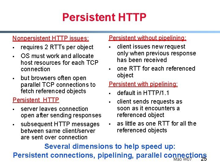Persistent HTTP Nonpersistent HTTP issues: § requires 2 RTTs per object § OS must