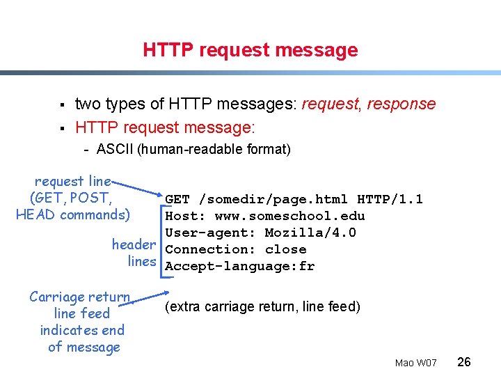 HTTP request message § § two types of HTTP messages: request, response HTTP request