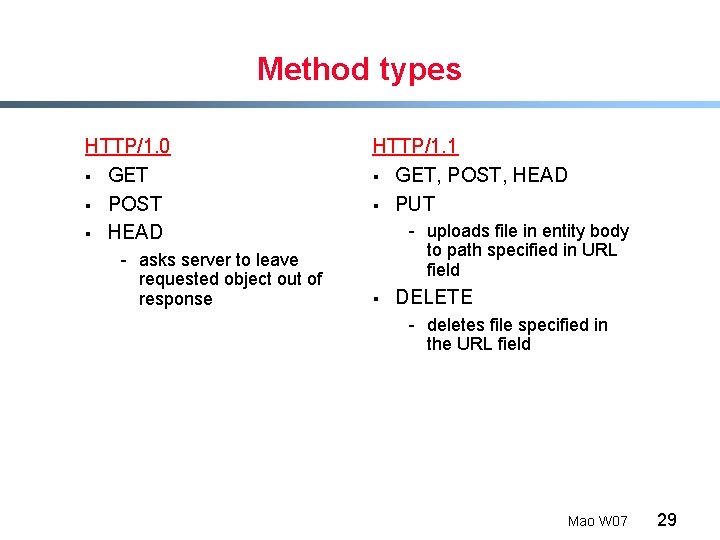 Method types HTTP/1. 0 § GET § POST § HEAD - asks server to