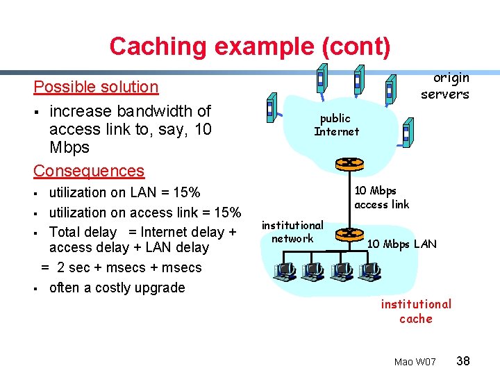 Caching example (cont) Possible solution § increase bandwidth of access link to, say, 10