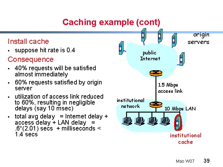 Caching example (cont) origin servers Install cache § suppose hit rate is 0. 4