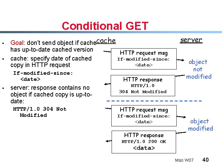 Conditional GET § § Goal: don’t send object if cache has up-to-date cached version