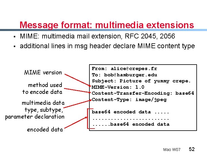 Message format: multimedia extensions § § MIME: multimedia mail extension, RFC 2045, 2056 additional