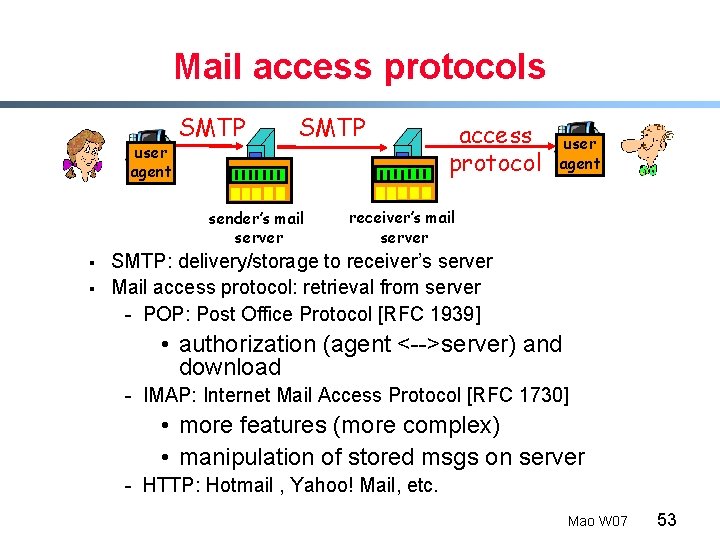 Mail access protocols user agent SMTP sender’s mail server § § access protocol user