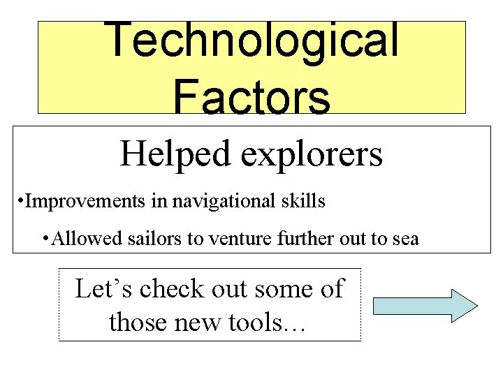 Technological Factors Helped explorers • Improvements in navigational skills • Allowed sailors to venture