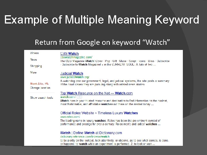 Example of Multiple Meaning Keyword Return from Google on keyword “Watch” 