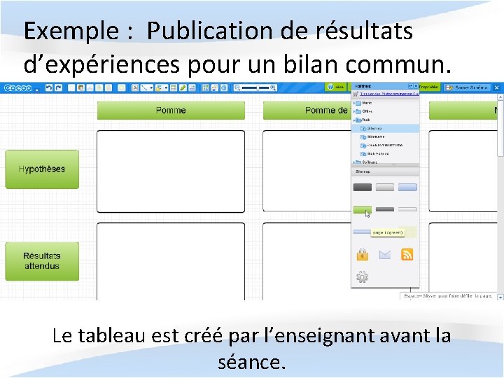 Exemple : Publication de résultats d’expériences pour un bilan commun. Le tableau est créé