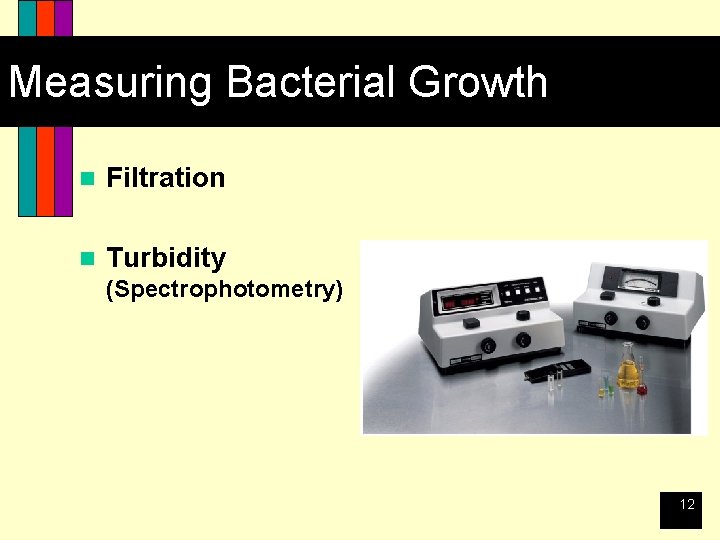 Measuring Bacterial Growth n Filtration n Turbidity (Spectrophotometry) 12 