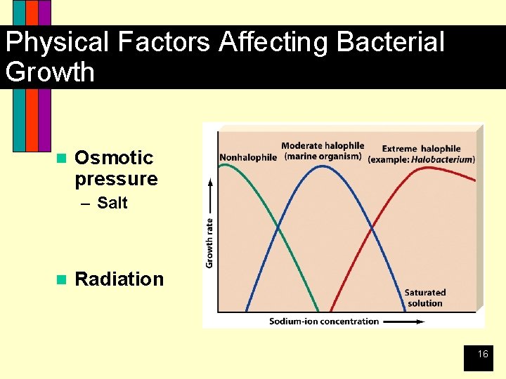 Physical Factors Affecting Bacterial Growth n Osmotic pressure – Salt n Radiation 16 