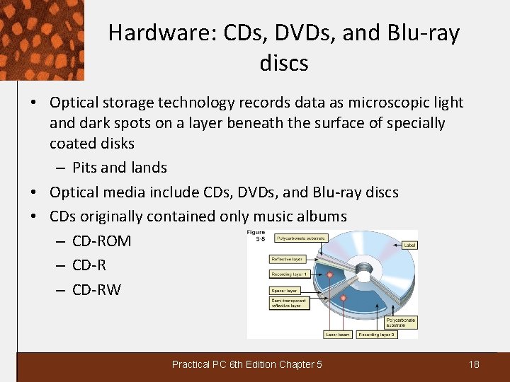 Hardware: CDs, DVDs, and Blu-ray discs • Optical storage technology records data as microscopic