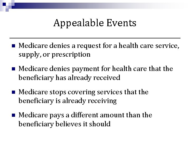 Appealable Events n Medicare denies a request for a health care service, supply, or