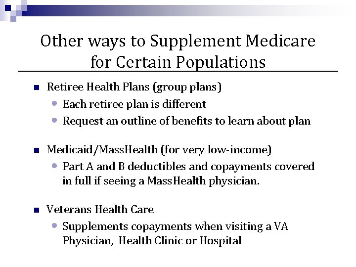 Other ways to Supplement Medicare for Certain Populations n Retiree Health Plans (group plans)