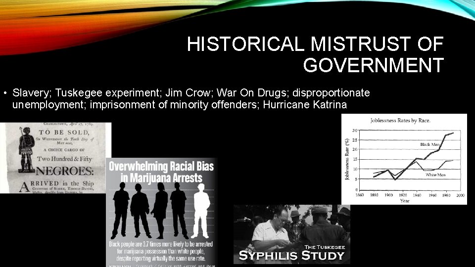 HISTORICAL MISTRUST OF GOVERNMENT • Slavery; Tuskegee experiment; Jim Crow; War On Drugs; disproportionate
