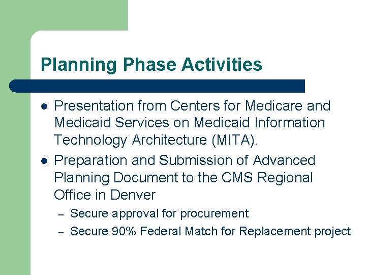 Planning Phase Activities l l Presentation from Centers for Medicare and Medicaid Services on