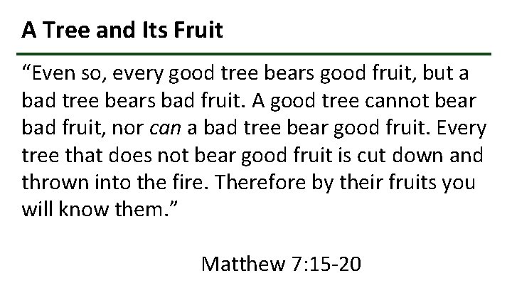 A Tree and Its Fruit “Even so, every good tree bears good fruit, but