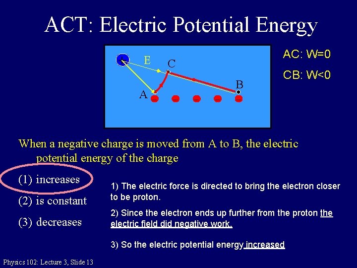 ACT: Electric Potential Energy + E A- AC: W=0 C B - - -