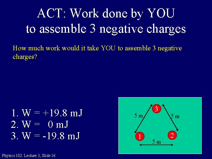 ACT: Work done by YOU to assemble 3 negative charges How much work would