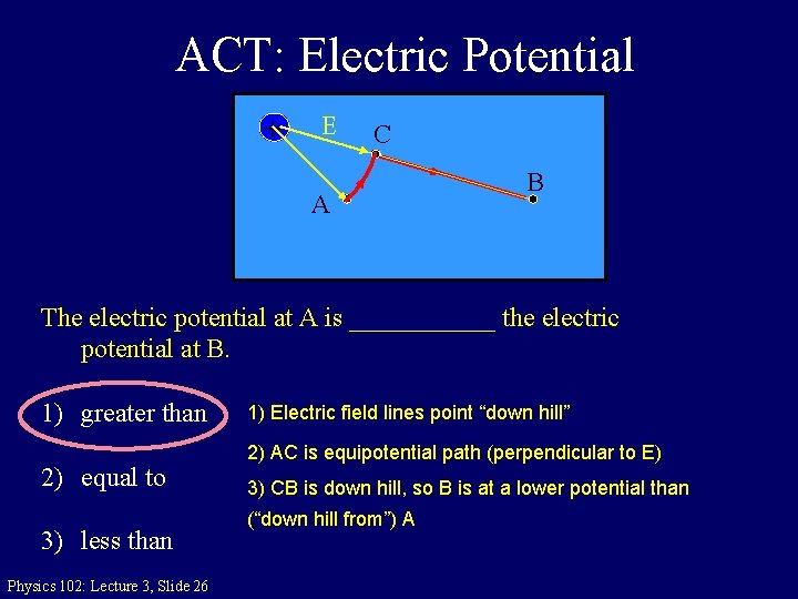 ACT: Electric Potential + E C A B The electric potential at A is