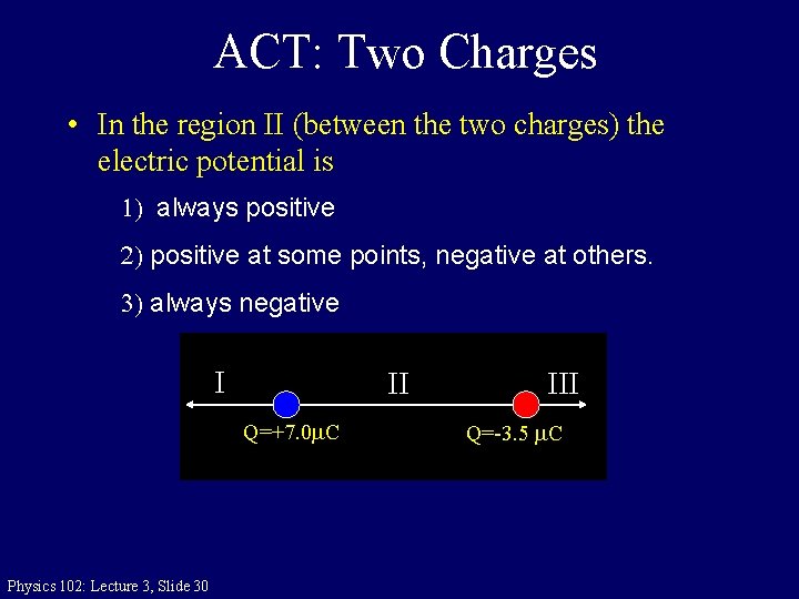 ACT: Two Charges • In the region II (between the two charges) the electric