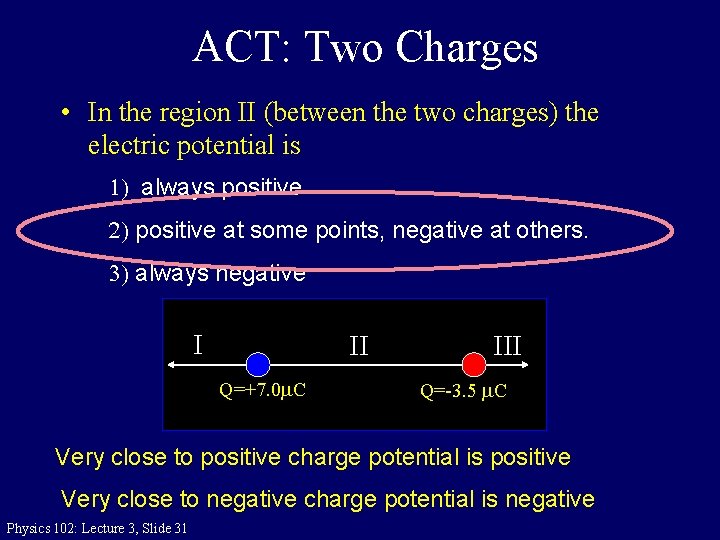 ACT: Two Charges • In the region II (between the two charges) the electric