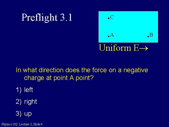 Preflight 3. 1 C A Uniform E In what direction does the force on
