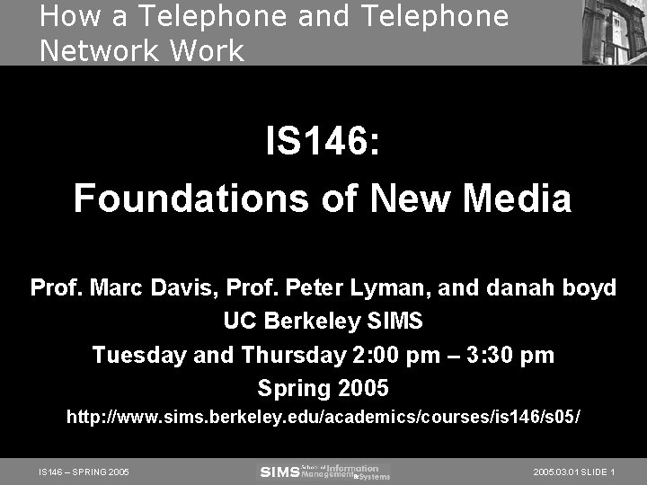 How a Telephone and Telephone Network Work IS 146: Foundations of New Media Prof.