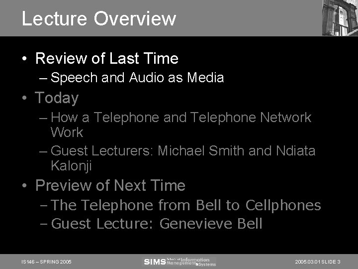 Lecture Overview • Review of Last Time – Speech and Audio as Media •