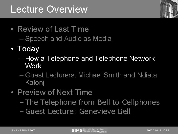 Lecture Overview • Review of Last Time – Speech and Audio as Media •