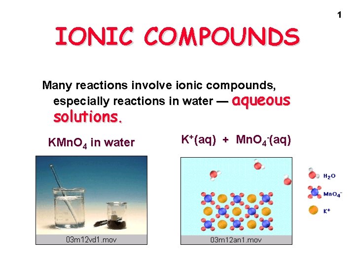 IONIC COMPOUNDS Many reactions involve ionic compounds, especially reactions in water — aqueous solutions.