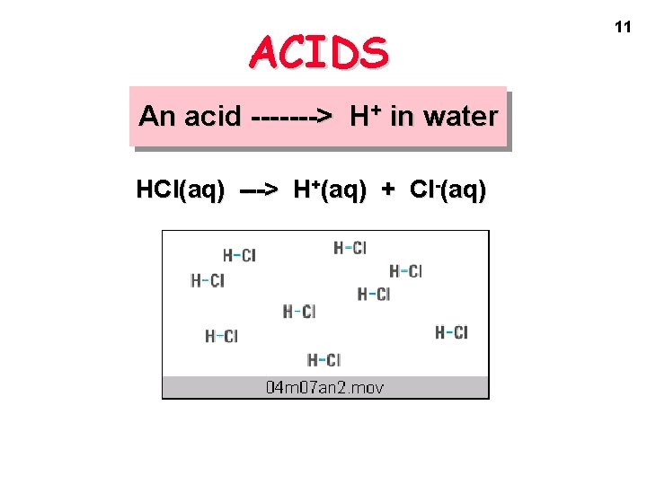 ACIDS An acid -------> H+ in water HCl(aq) ---> H+(aq) + Cl-(aq) 11 