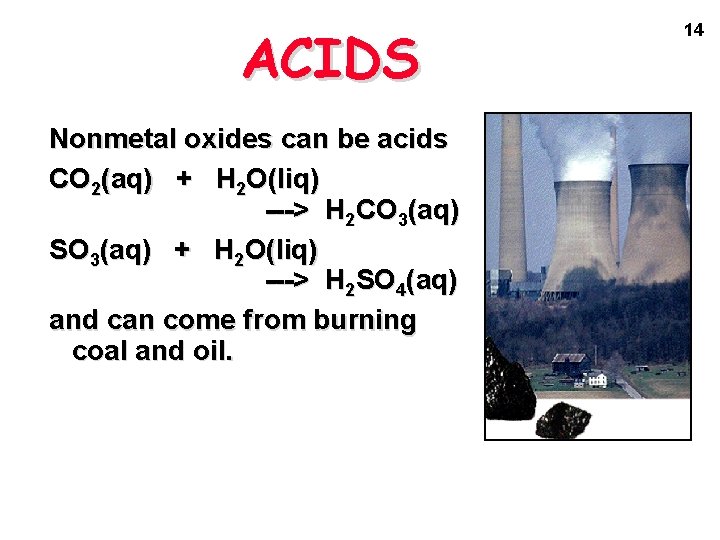 ACIDS Nonmetal oxides can be acids CO 2(aq) + H 2 O(liq) ---> H
